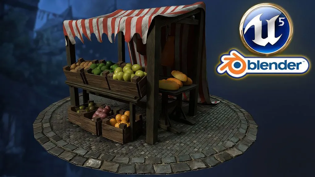 UE5与Blender中世纪市场游戏资产制作流程教程 中文字幕 Blender to Unreal Engine 5 | 3D Props | Medieval Market