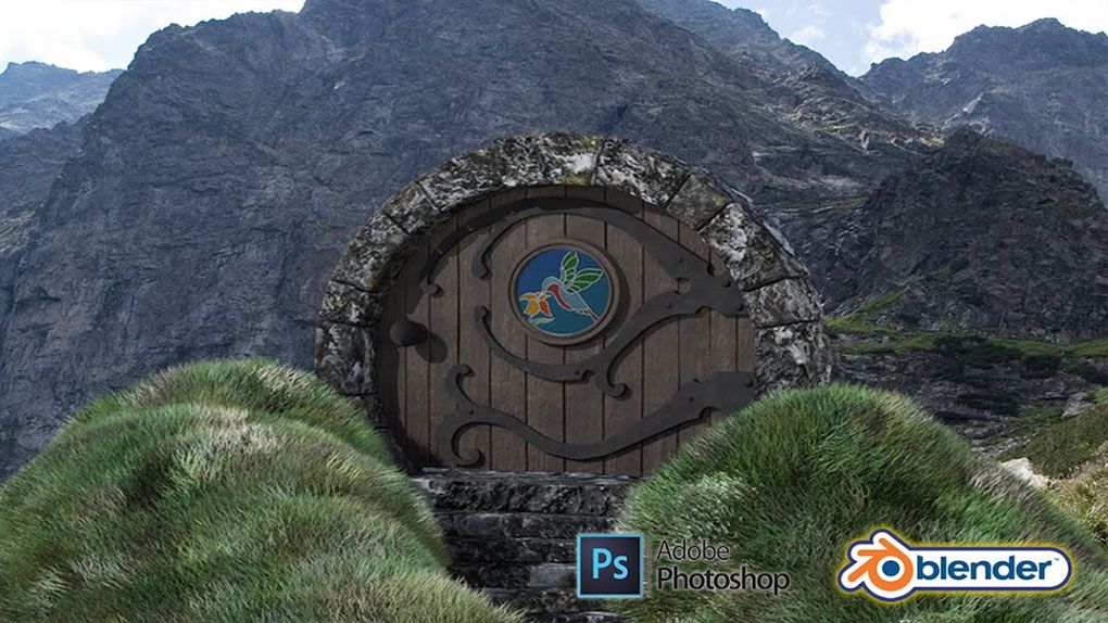 Blender自然山峰幻想场景3D建模视频教程 3D Modelling a Hobbit Door Scene in Blender 2.9 & Adobe Photoshop