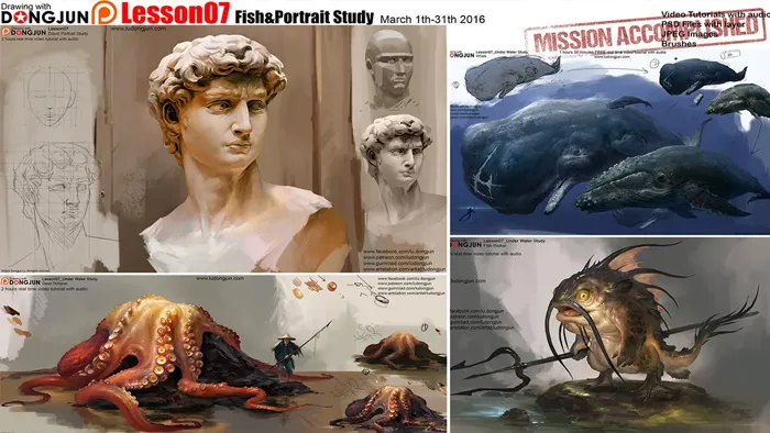 大师级手绘艺术实例训练视频教程 Gumroad Lesson07 Fish & Portrait Study by Lu-Dongjun