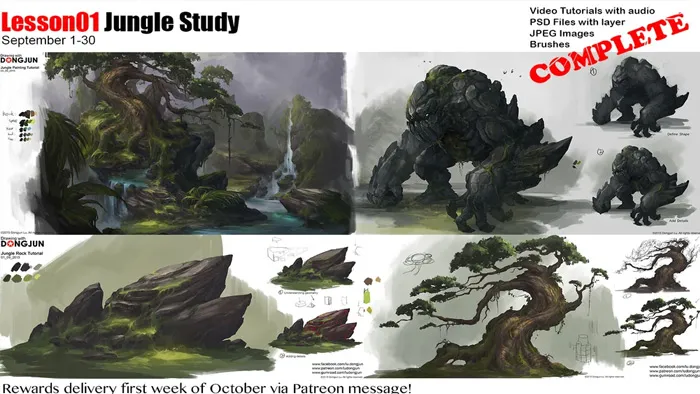 丛林怪兽植物岩石系列插画绘画视频教程 Gumroad Lesson01 Jungle