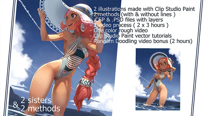 可爱海滩女孩卡通角色数字绘画全流程教程 2 sisters / 2 methods illustrations by Xavier Houssin