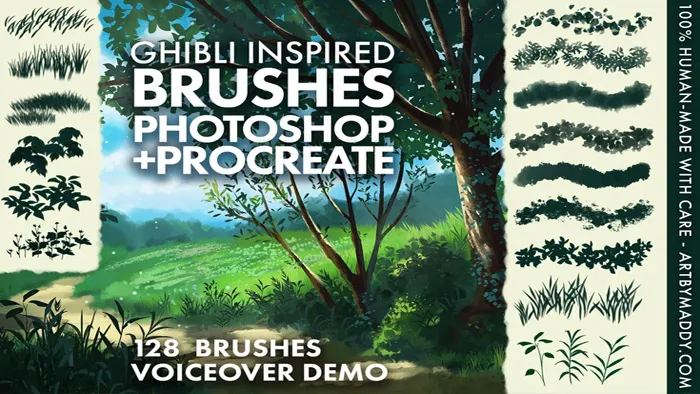 吉卜力Ghibli绘画风格自然风景数字绘画教程 附百种笔刷 Ghibli Inspired Brushes for Photoshop and Procreate