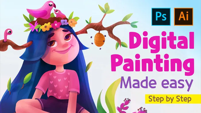 PS创建平面卡通可爱角色插画设计数字绘画教程 中文字幕 La peinture numérique en toute simplicité ! Illustrator + Photoshop