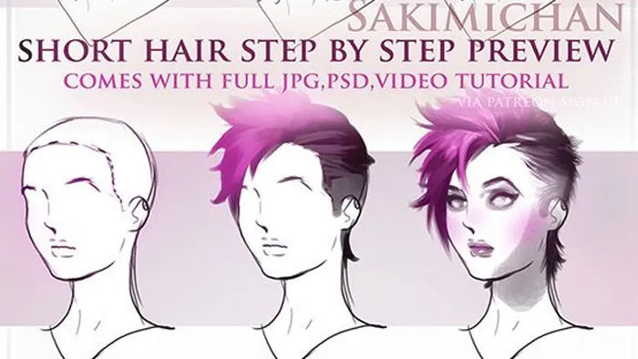 角色头发数字绘画技巧视频教程 Sakimichan Short Hair Tutorial