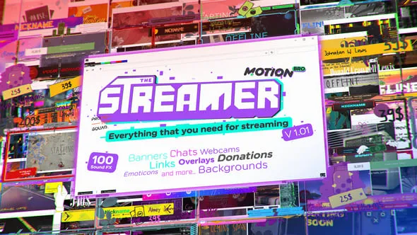500组网络游戏直播间横幅背景装饰边框元素动画AE脚本预设 The Streamer | Everything for Web • Twitch • Youtube • Live