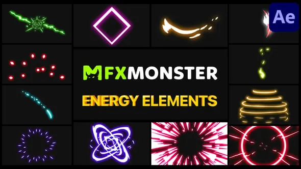 12个能量爆炸发光线条图形动画MG元素叠加素材AE脚本预设包 Energy Pack | After Effects