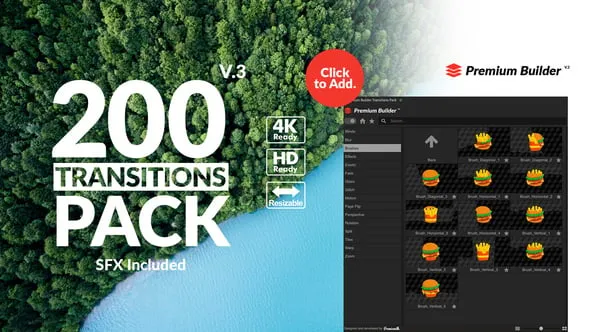 200种运动模糊弹跳干扰缩放透视翻页笔刷分割平移变形视频转场AE脚本预设+模板 (带音效) Transitions Pack