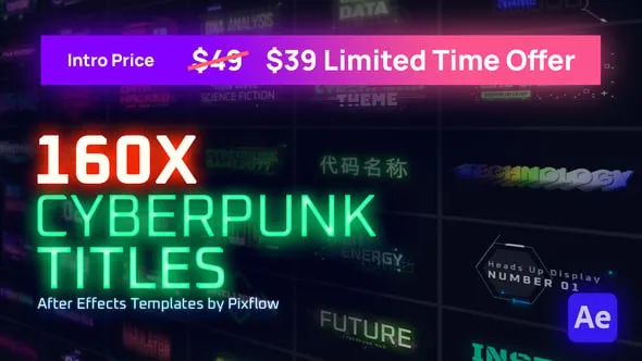 160种科技感赛博朋克霓虹发光文字标题字幕条动画AE脚本 Cyberpunk Titles Lowerthirds and Backgrounds