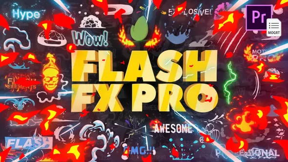 二维卡通游戏动漫火焰能量文字标题LOGO转场MG动画元素包PR脚本 Flash FX Pro For Premiere