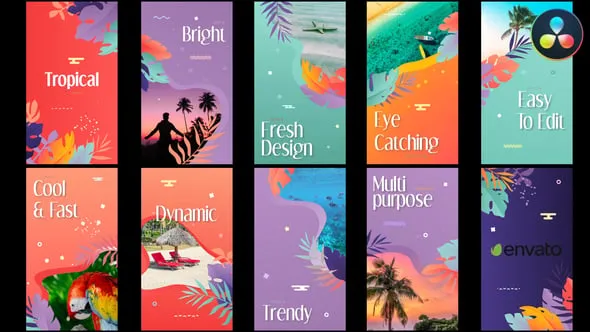 DR模板-4k垂直美丽热带场景夏季旅行时尚竖屏短视频宣传海报达芬奇模板 Tropical Stories Slideshow DaVinci Resolve