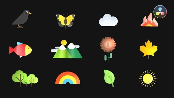 DR达芬奇模板-17个动画自然图标花鸟鱼风景蝴蝶树叶等 Nature Animated Icons