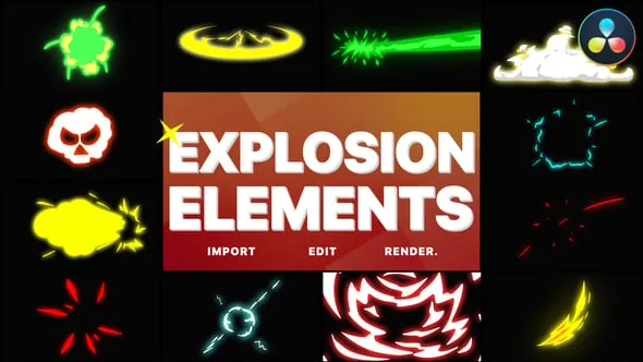 DR达芬奇模板-可编辑发光效果爆炸元素卡通LOGO音乐动作视频叠加 Explosion Elements DaVinci Resolve