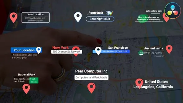 DR达芬奇模板-带地图位置标记指针路径动画标题适合旅行主题视频演示工程文件下载 Location Titles | DaVinci Resolve