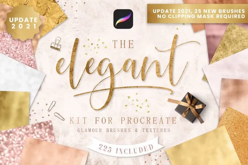绝美金箔闪光笔刷PS笔刷Ipad笔刷Procreate笔刷套装 带金箔素材 让您的插画闪闪发光 Elegant Kit for Procreate