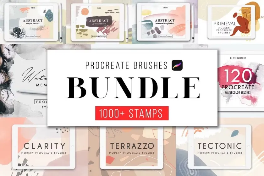 930款水彩艺术画手绘背景纹理Procreate笔刷 All Procreate Stamp Brushes Bundle