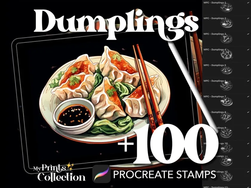 100支手绘饺子中式美食插画设计Procreate笔刷 100+ Procreate Sandwich Stamps