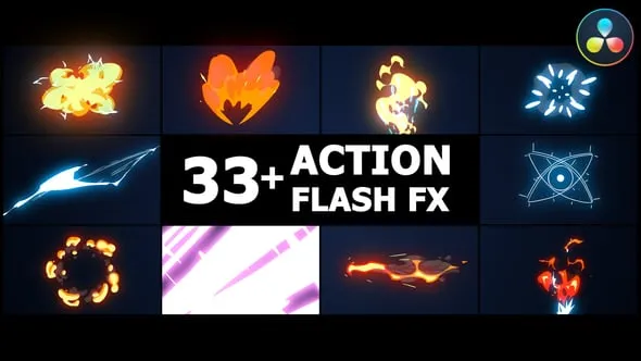 达芬奇模板-Flash FX 33种动态卡通特效元素动画DaVinci Resolve模板下载 Action Flash FX Overlays | DaVinci Resolve