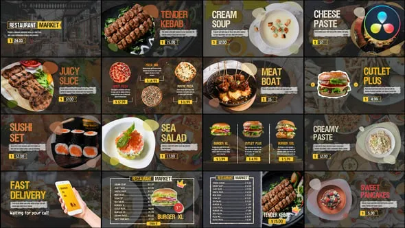 达芬奇模板-社交媒体在线食物菜单展示餐厅咖啡馆广告视频DaVinci Resolve模板下载