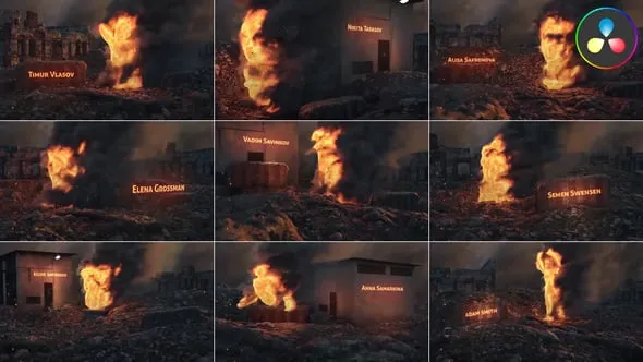 达芬奇模板-史诗电影片头残垣废墟末日背景燃烧的人物文本标题DaVinci Resolve模板下载 Revolution Titles for DaVinci Resolve