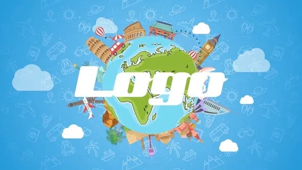 3d旋转地球飞机世界旅游景点建筑物卡通场景动画片头PR模板 Travel Logo Reveal