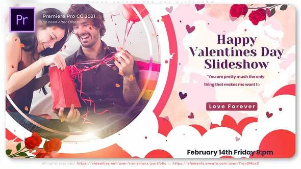 幻灯片视频模板浪漫婚礼甜蜜回忆视频专辑情人节故事PR模板 Happy Valentines Day Slideshow