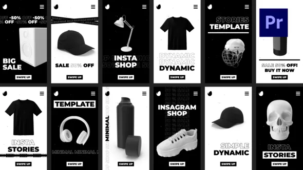 12组酷炫黑白风格创意节奏感产品宣传展示动态海报PR模板 Shop Instagram Stories