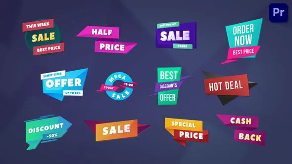 商场商店促销视频特价标签销售徽章报价打折贴纸动画PR模板 Sale Badges