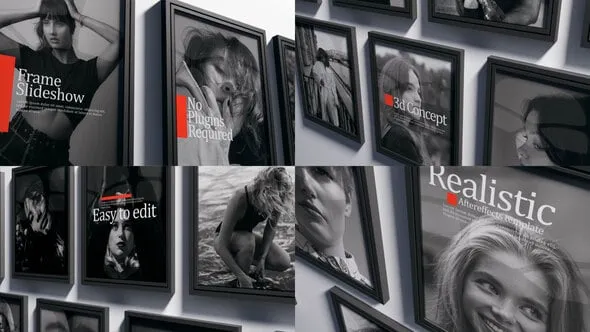 摄影工作室墙上黑色相框展示多屏照片视频相册PR模板 Frame Slideshow