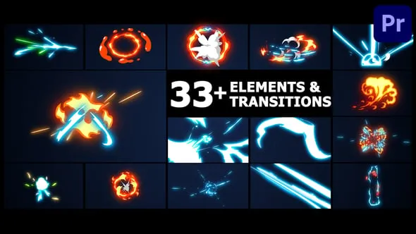 卡通特效爆炸元素动画与视频转场过渡PR模板工程文件下载 Elements And Transitions | Premiere Pro