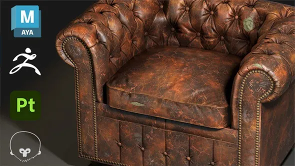 3A级游戏道具资产建模纹理渲染制作流程视频课程 Chesterfield Sofa Video Game Asset Prop Modeling Texturing