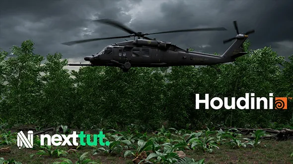 Houdini与Nuke直冲云霄光束视觉特效制作流程视频教程 Houdini Helicopter Landing Simulation Course