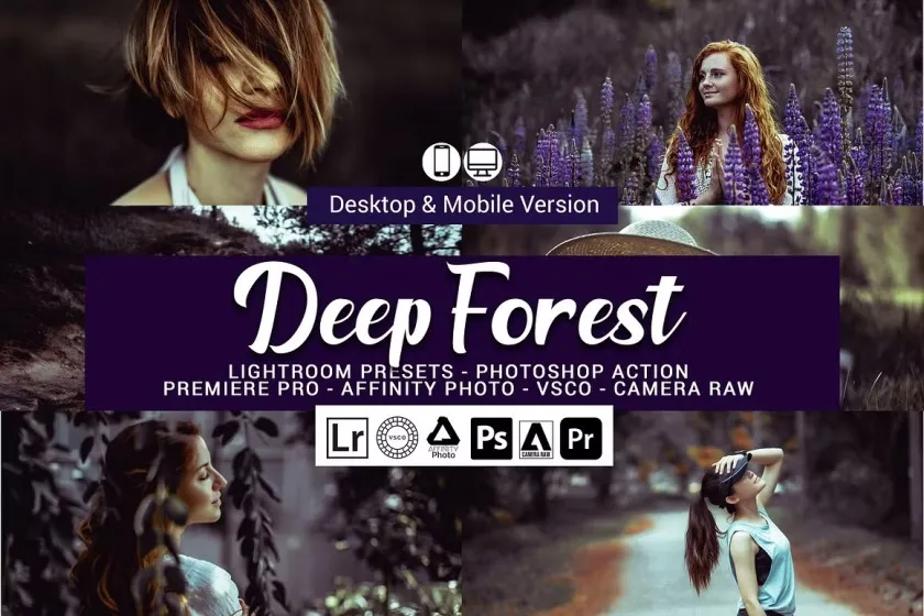 电影人像紫色调LR预设APP预设PS动作LUT预设支持AE/PR/FCPX/达芬奇  Deep Forest Lightroom Presets