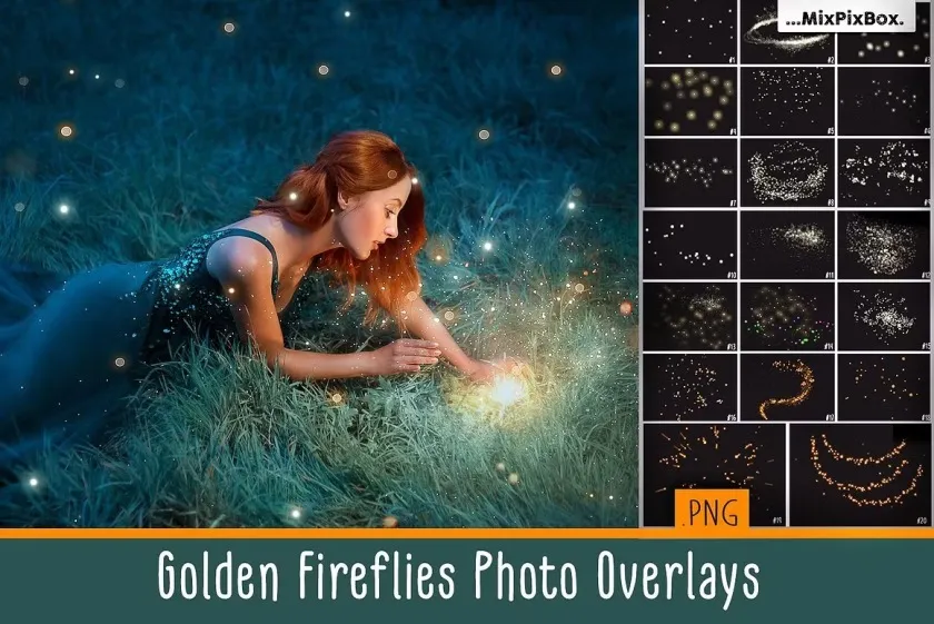 20张浪漫唯美泛光微光光斑金色萤火虫粒子光效后期合成素材 Golden Fireflies Photo Overlays