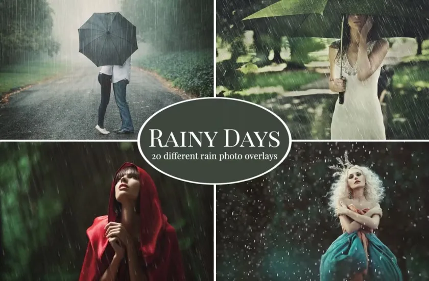 高清下雨雨水雨滴叠加合成前景素材 Rainy Days – 20x rain photo overlays