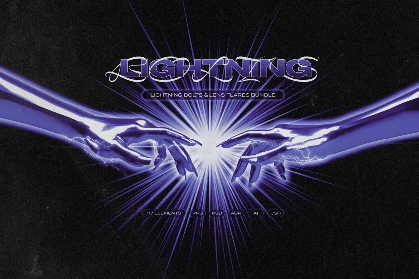 117个雷击闪电镜头光线光晕效果矢量图片PS形状笔刷 Lightning bolts & lens flares bundle