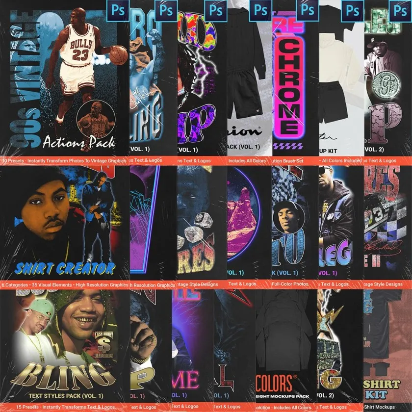 29套90年代经典怀旧PS文字样式NBA运动T恤PS样机复古纹理预设大师包 FULLERMOE – Master Bundle