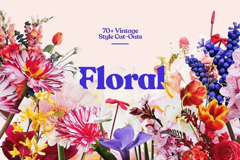 71张复古半色调颗粒风格花草植物PNG剪贴素材 Studio 2am – Floral：70+ Vintage Floral Cut-Outs