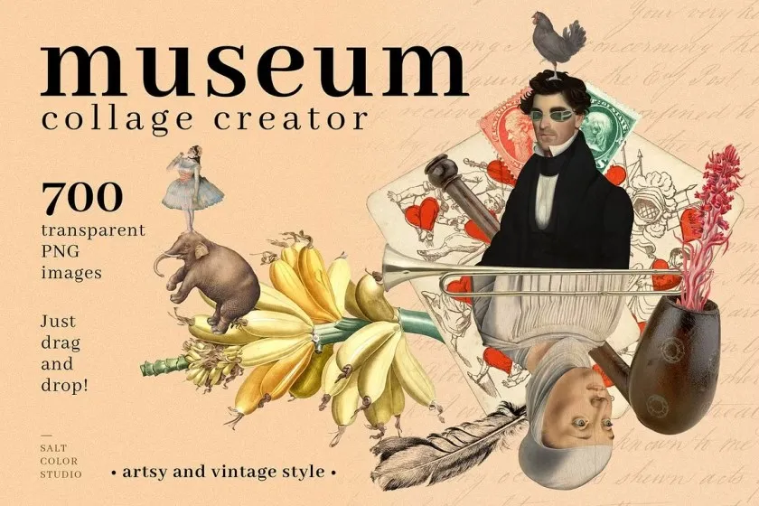 700+博物馆收藏复古人像旧物件插图剪贴画设计PNG图片素材 Museum Collage Creator