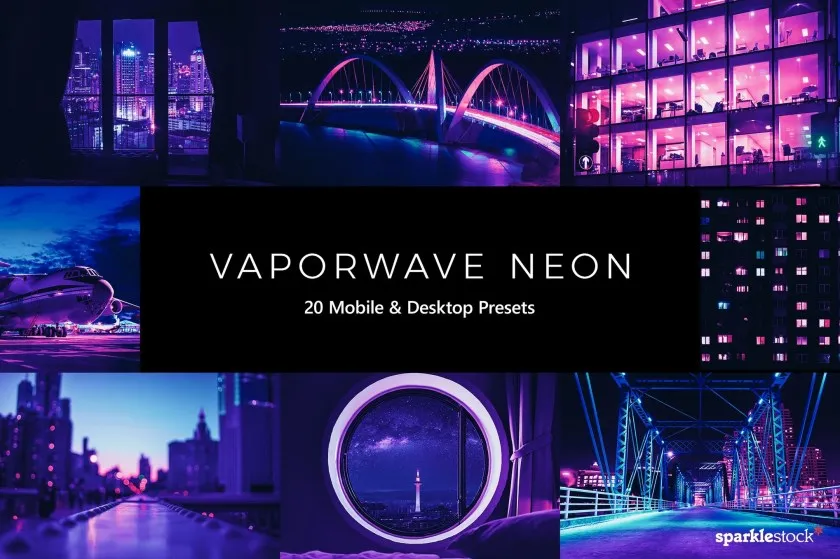 霓虹灯蒸汽波夜景风光Lightroom预设及电影MV视频调色LUT预设 20 Vaporwave Neon Lightroom Presets and LUTs