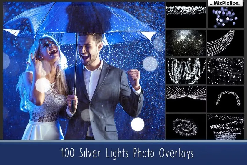 100张璀璨闪亮银色光斑粒子照片叠加合成素材 100 Silver Lights Photo Overlays