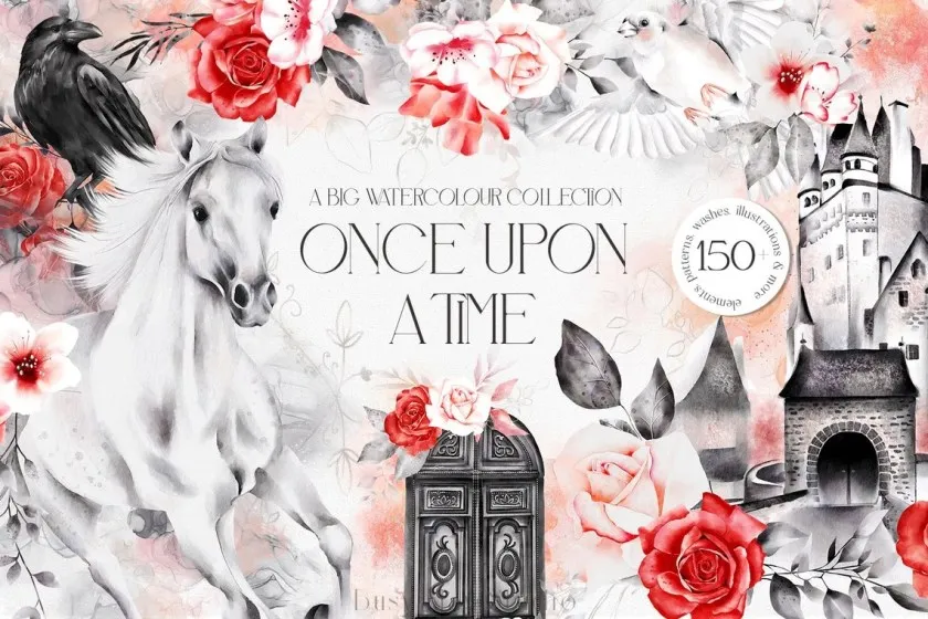 150种各类童话水彩手绘动物花卉插画艺术图案PNG图片素材合集 Whimsical Fairy Tale Collection