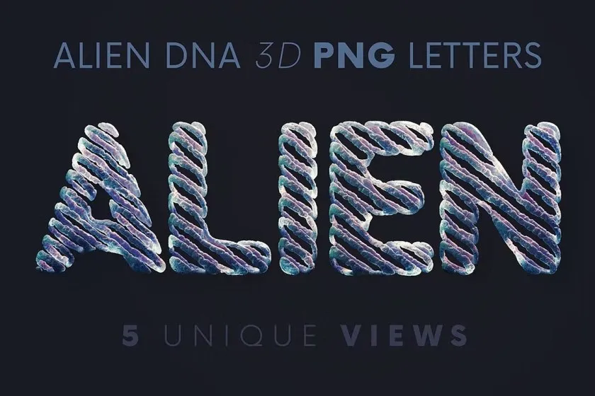 44张外星人DNA基因链科学图形组合3D字母PNG素材 Alien DNA Science – 3D Lettering