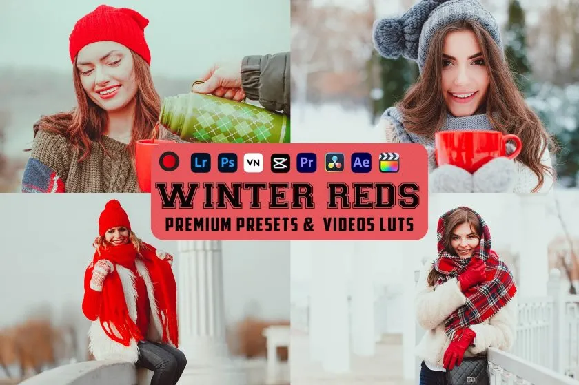 2款温暖明亮冬季摄影人像后期LR调色LUT预设 Winter Reds Luts Video & Presets