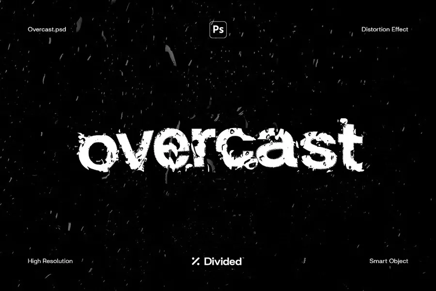 透明雨滴水珠透视折射文本扭曲失真效果PS特效模板 Overcast – Distortion