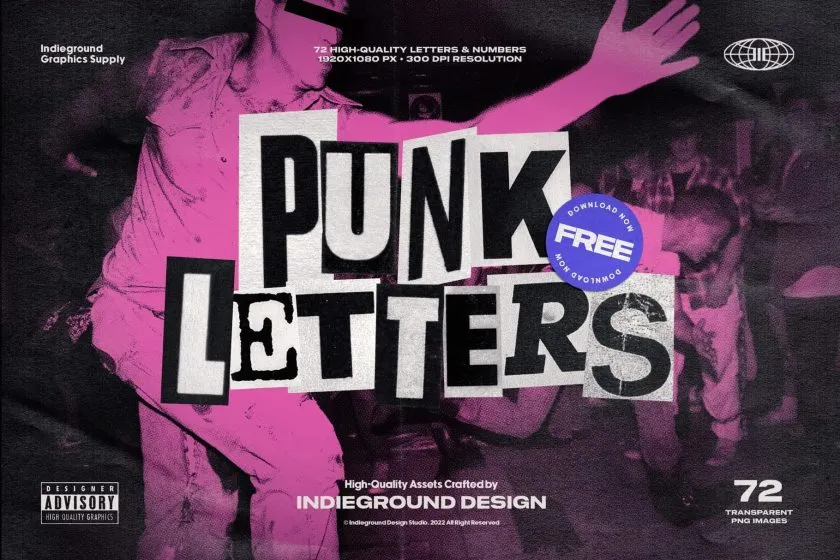72张复古赛博朋克风黑白字母数字剪贴画PNG素材 Indieground – Punk Letters