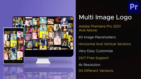 4K分辨率大量照片视频墙动画视频片头制作PR模板下载 Multi Image Logo