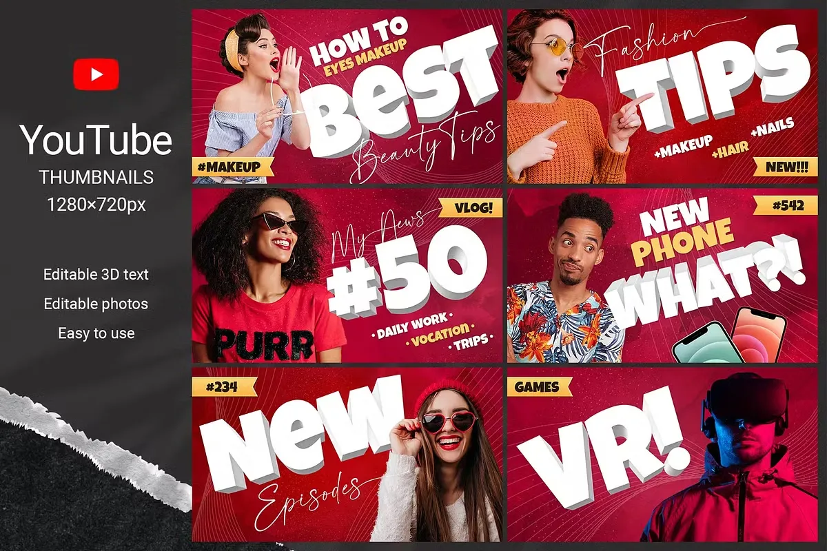 6款社交媒体视频封面油管VLOG自媒体创作宣传3D文字排版PSD模板 YouTube Thumbnails with 3D Text