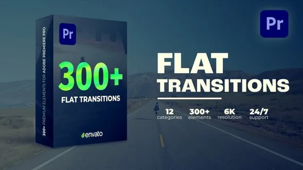 Flat Transitions PR模板300种视频转场预设移动缩放过渡动画下载
