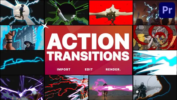 炫酷卡通彩色能量爆炸动态过渡效果PR模板下载 Action Transitions | Premiere Pro MOGRT
