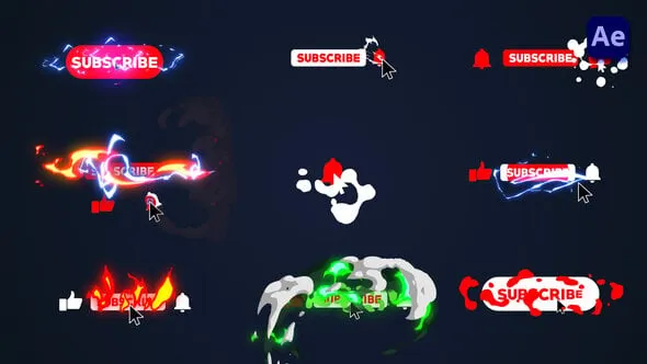 卡通爆炸能量火花动画图标社交媒体订阅关注点击按钮AE与PR模板下载 2D Cartoon Youtube Subscribe Buttons